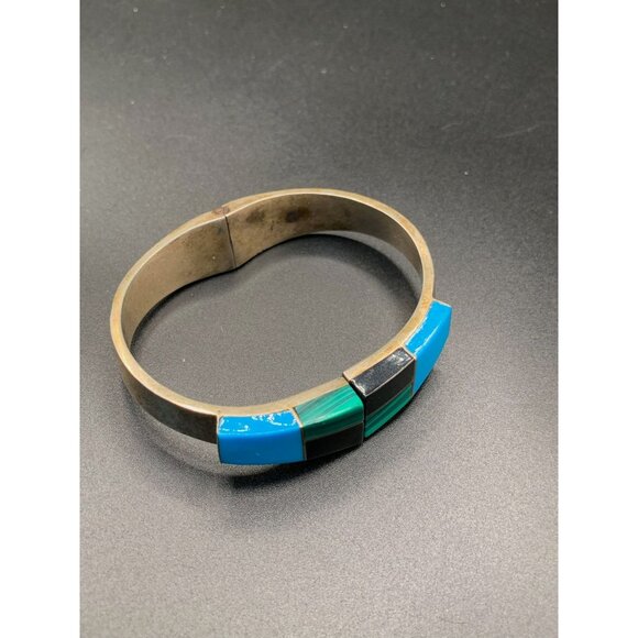 Sterling Hinged Bangle Turquoise Malachite and Onyx made in Mexico 925 - Picture 6 of 6
